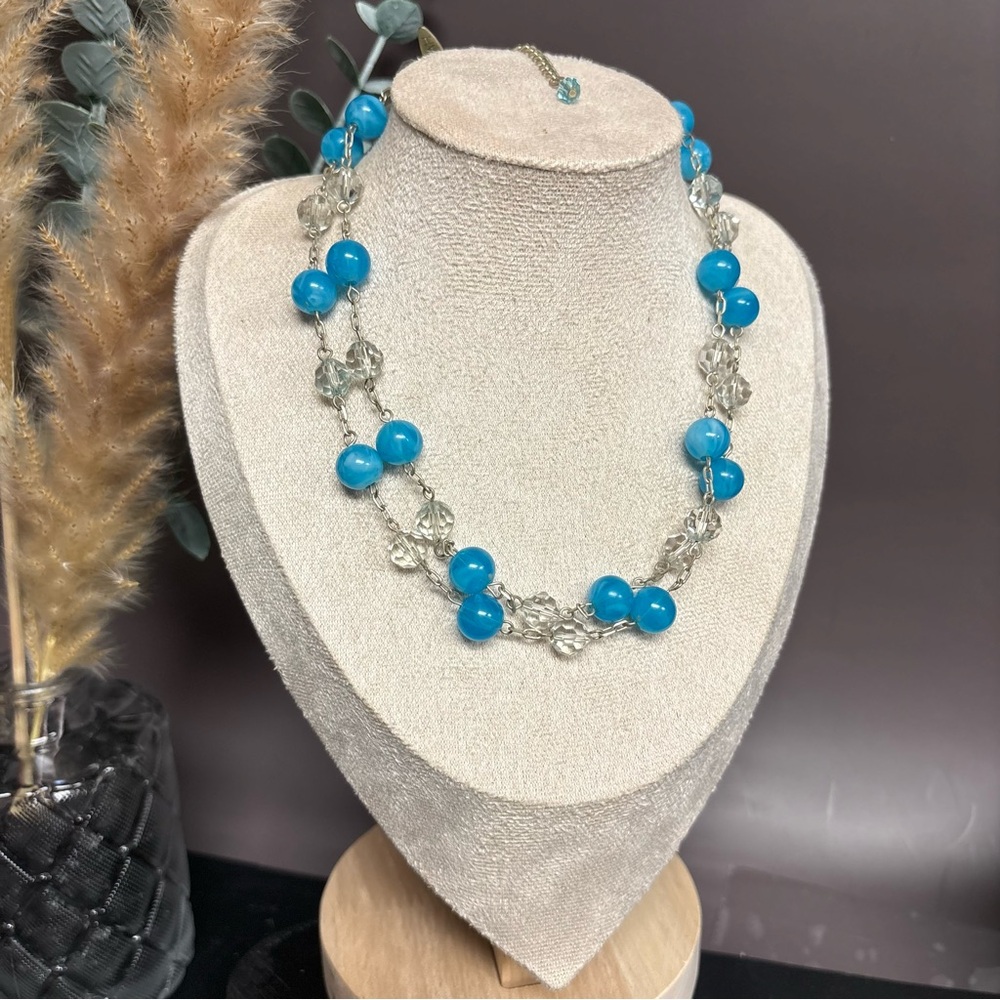 Vintage Blue Beaded Multilayer Necklace | Silver Tone Chain Statement | By Sarah